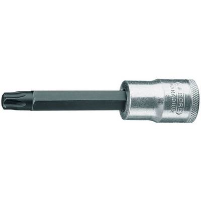 Metallisk Torx-skruvmejsel med lång skaft och silverfärgat handtag, lämplig för arbeten med speciella skruvhuvuden.