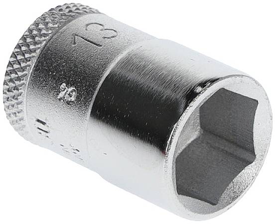 Sexkantshylsa med silveraktig finish, storlek 13 mm, lämplig för verktyg och mekaniska tillämpningar.