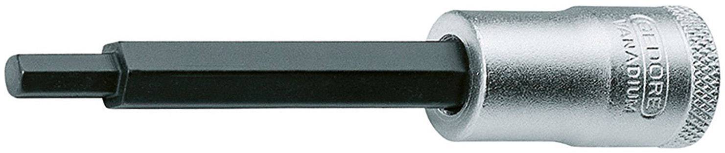 En silverfärgad insticksnyckelhylsa med svart sexkantskaft. Hylsan är tillverkad av metall och har påskriften 'Gedore Vanadium'.