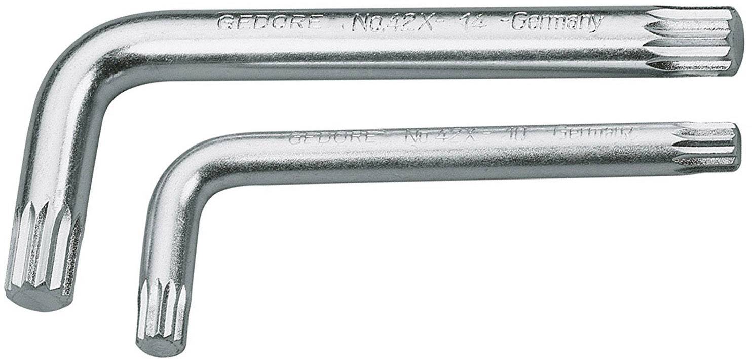 Två Torx-nycklar i L-form, liggande ovanpå varandra. Den övre nyckeln är större. Båda tillverkade av metall, skruvhuvud synligt.