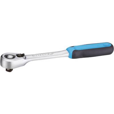 Skrallnyckel med ergonomiskt handtag i blått och svart, lämplig för mekaniska arbeten.