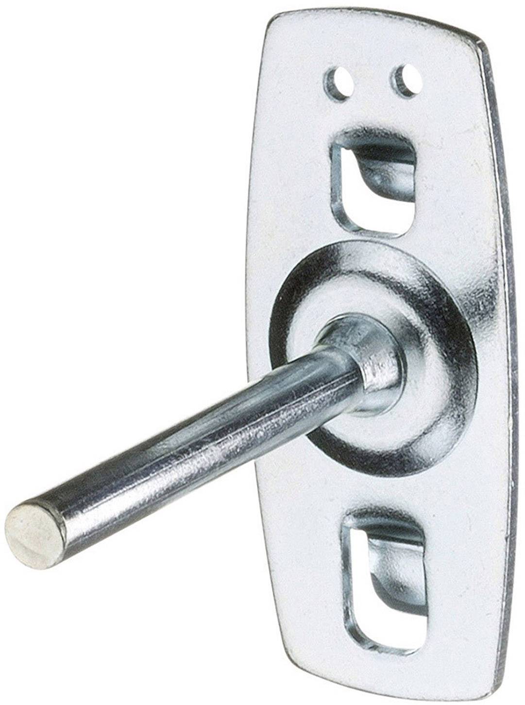 Metallisk låskolv med rektangulär platta, två skruvhål och utskjutande bultsprint, använd för låsmekanismer.