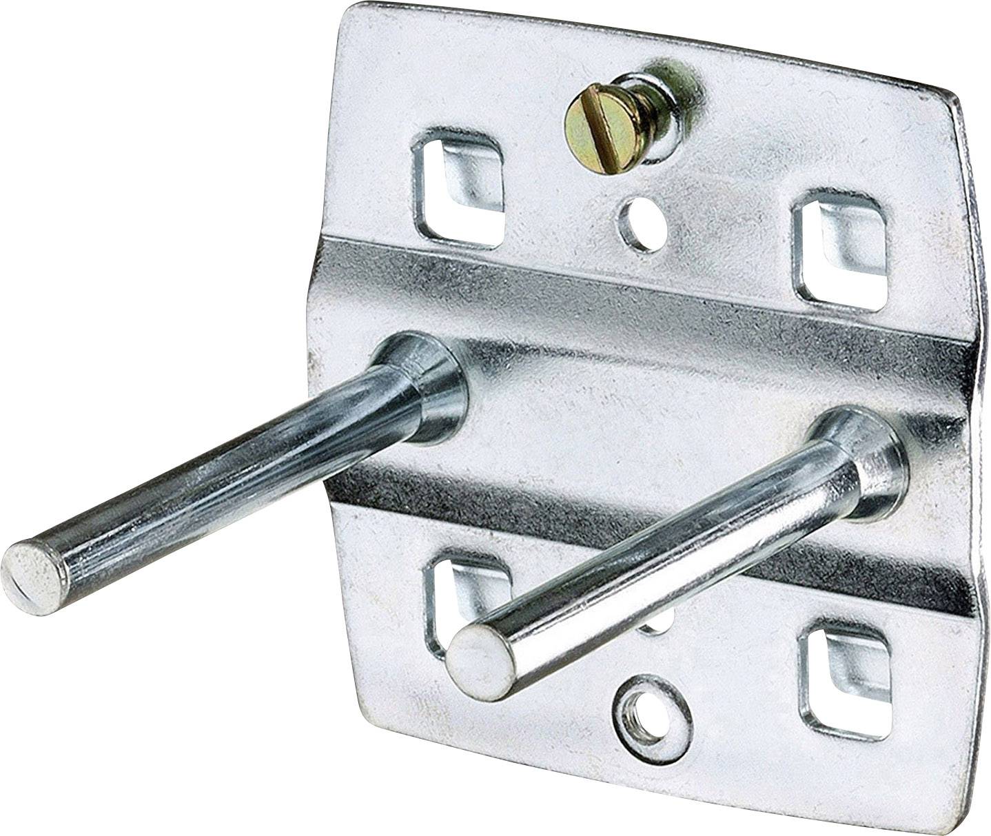 Metallbeslag med två utstickande stift och skruvhål för fästning vid en yta.
