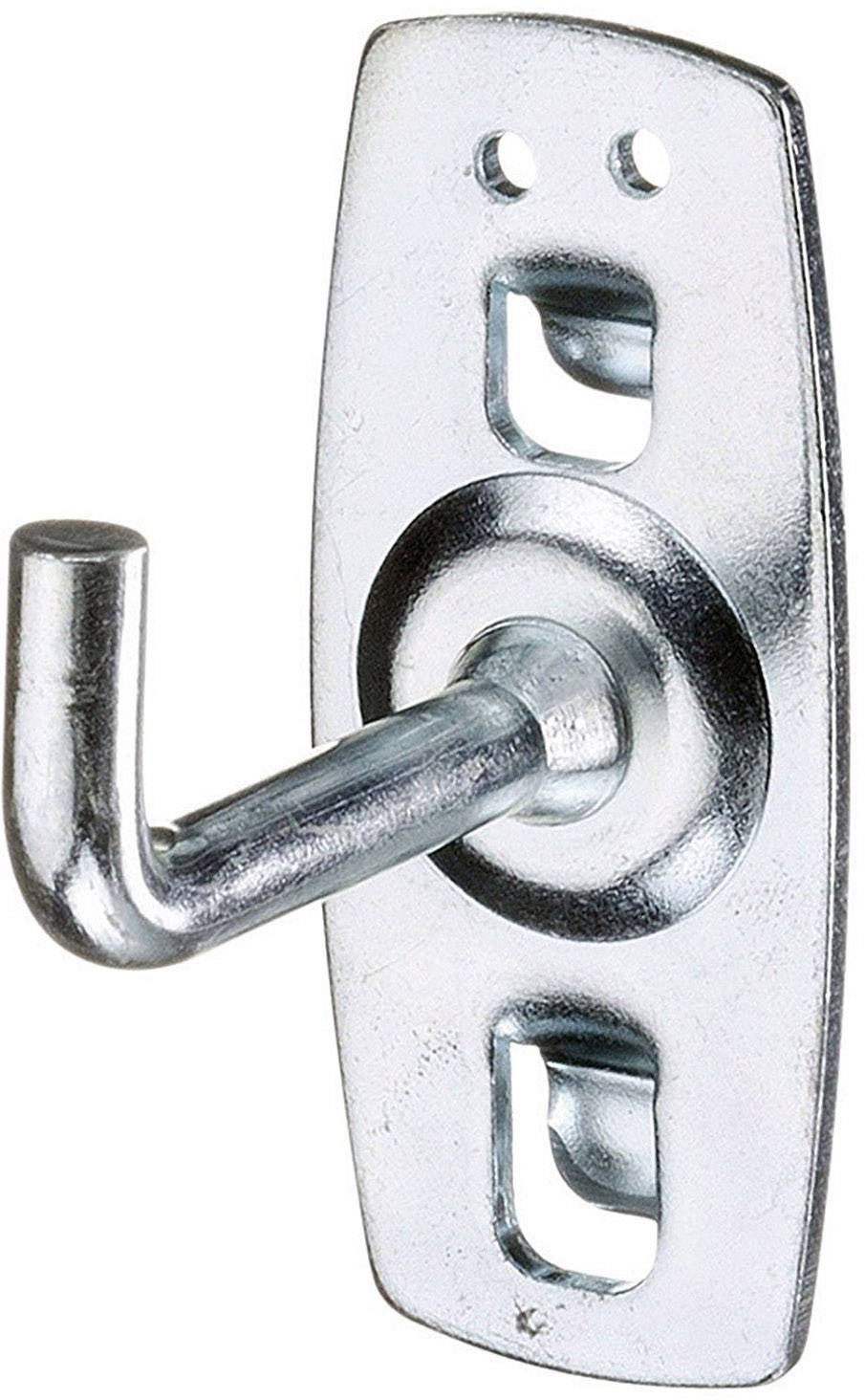 En enskild, silvermetallkrok fäst vid en rektangulär monteringsplatta med två hål för väggmontering.