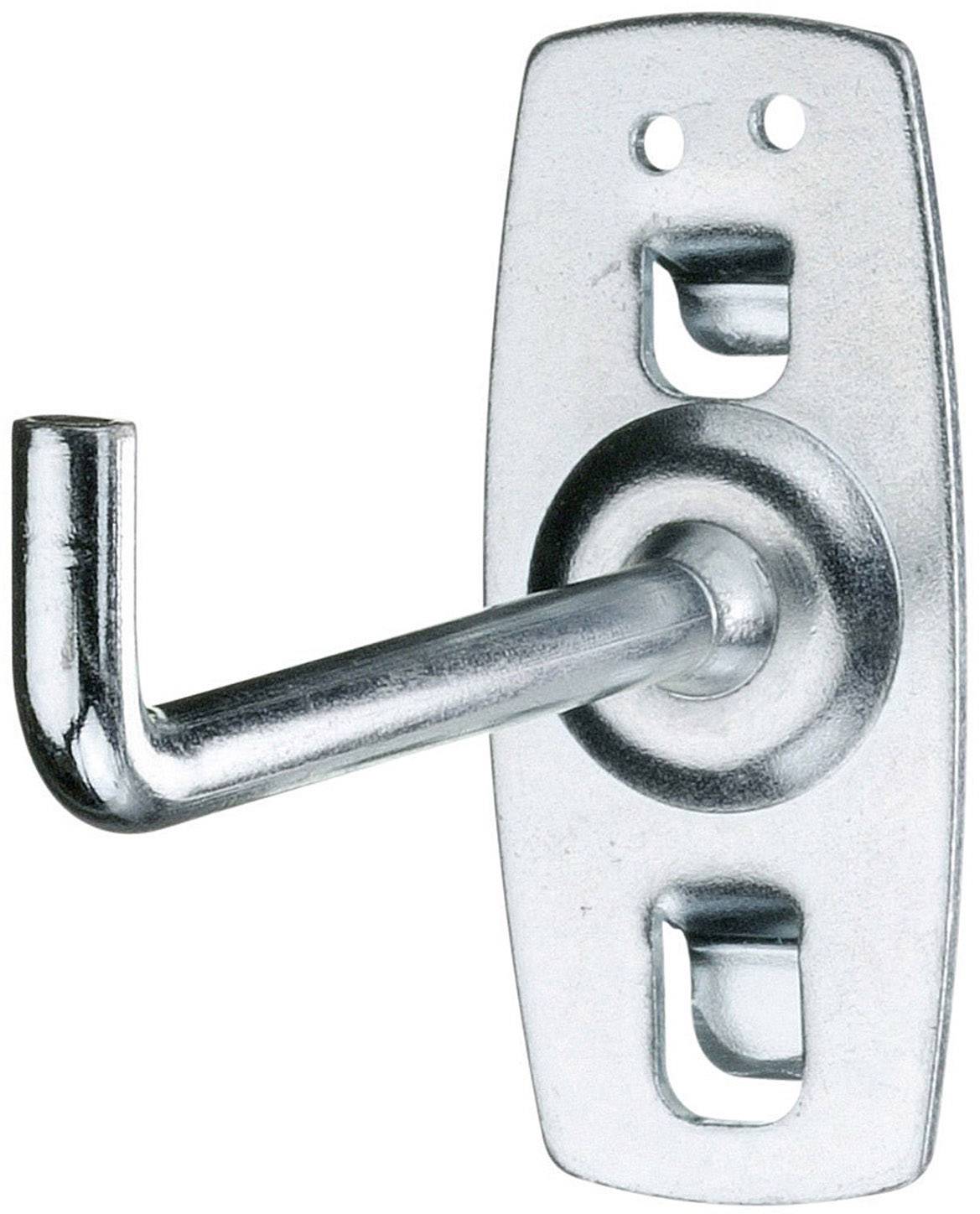 Metallkrok på en rektangulär väggplatta med skruvhål, lämplig för upphängning av föremål.