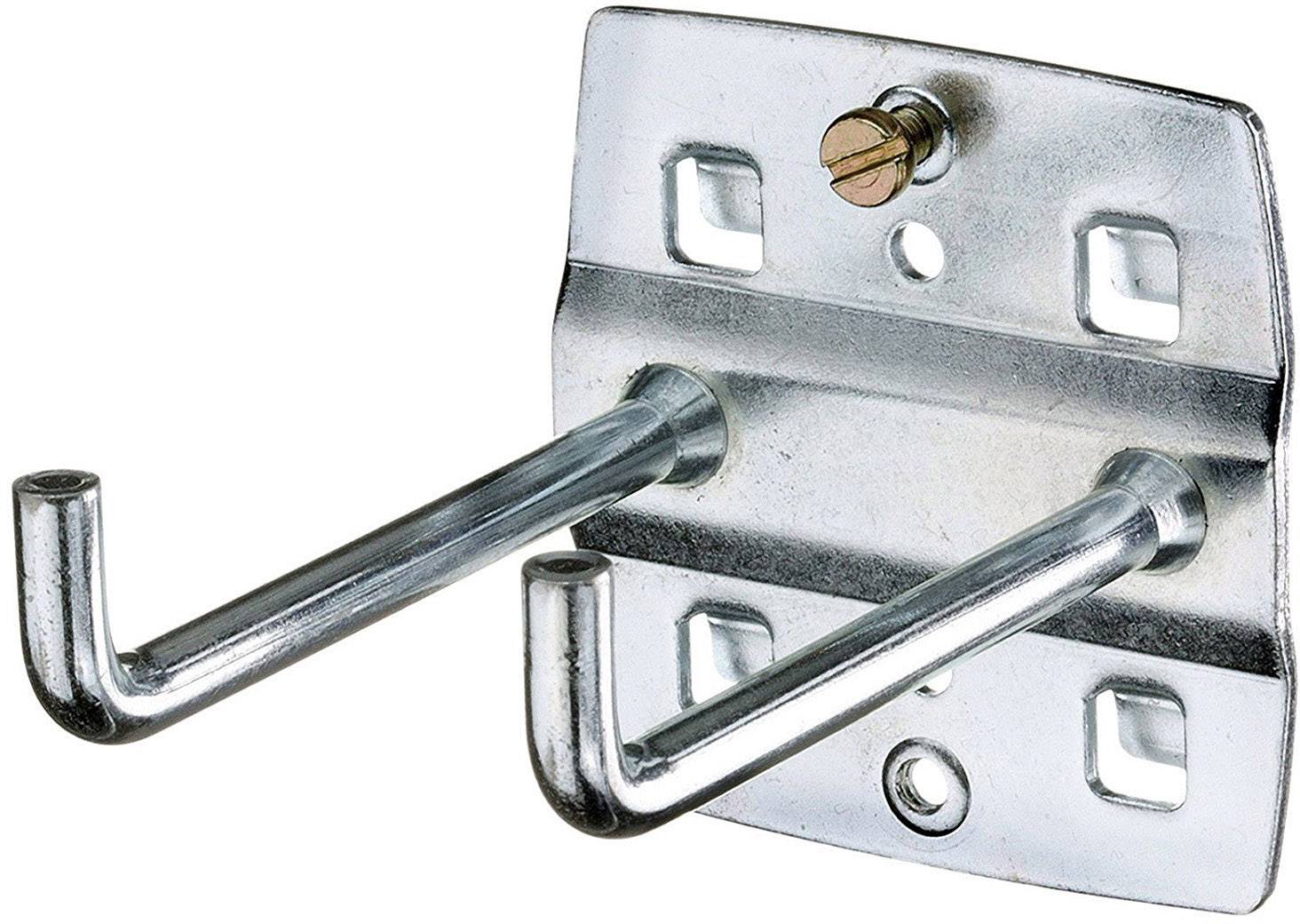 En dubbelt galvaniserad metallkrok på ett väggfäste, lämplig för upphängning av verktyg eller liknande föremål.
