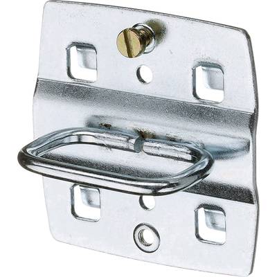 Metallplatta med en skruvfäst, rektangulär krok, lämplig för väggmontering, fästhål synliga.
