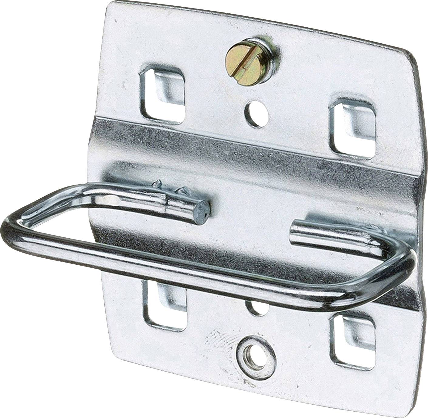 Metallisk väggfäste med rektangulär platta, skruvfästning och en böjd bygel för monteringsändamål på plana ytor.