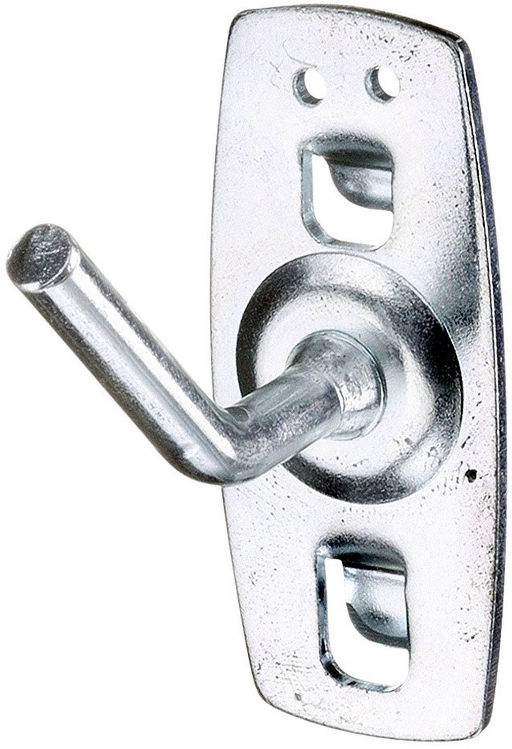 En enstaka, blank metallkrok monterad på en rektangulär monteringsplatta, mot en vit bakgrund.