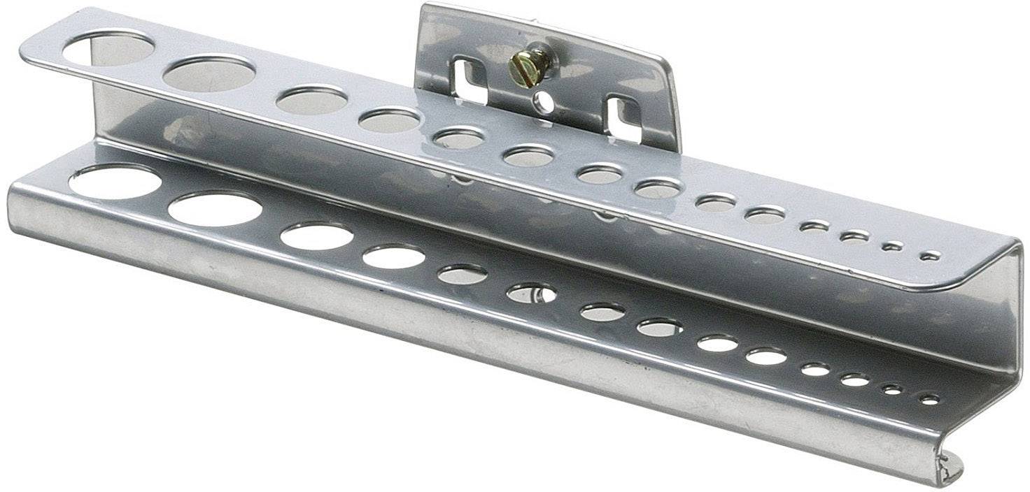 Metallställning med stansade hål i olika storlekar för borrar. Lämplig för organiserad förvaring av verktyg.