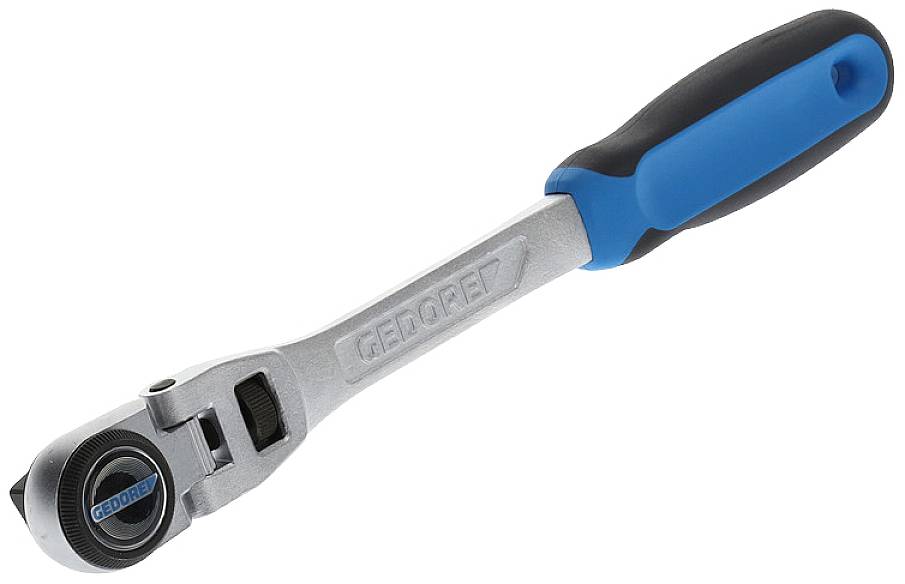 Skralle med ergonomiskt handtag och silverfärgad metallkropp, lämplig för verkstads- eller hantverksarbeten.