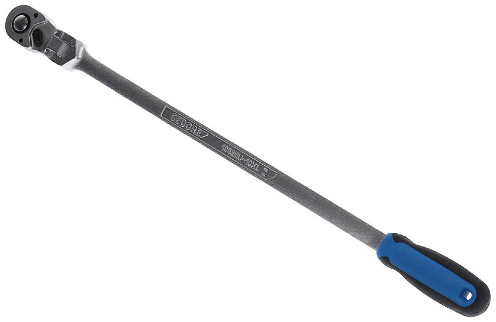 En lång momentnyckel med blå-svart handtag och ett spärrskaft i andra änden, lämplig för precisionsarbeten med skruvar.