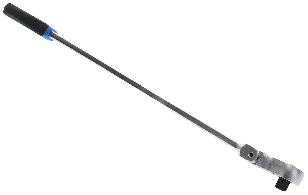 En lång metallstång med svart handtag och en krok i änden, avsedd att användas som hävstång eller verktyg.