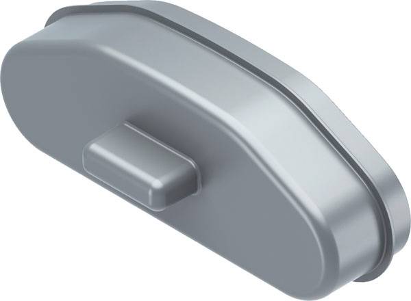 En grå, oval plastdetalj med en rektangulär upphöjning på ovansidan. Delen ser industriell och funktionell ut.