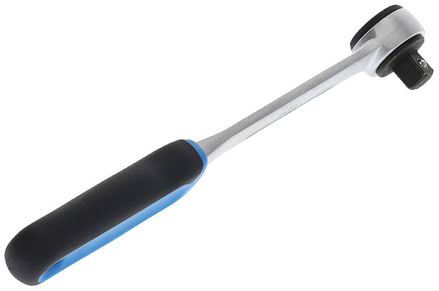 En svart och blå spärrnyckeln med ergonomiskt handtag, lämplig för enkel åtdragning eller lossning av skruvar.