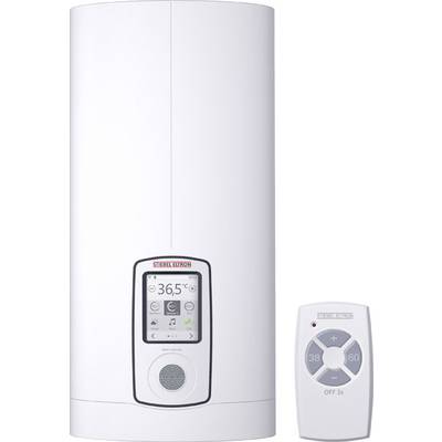 En modern, vit vattenberedare med digital display som visar 36,5 grader Celsius och en fjärrkontroll för enkel temperaturreglering.