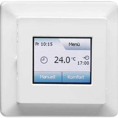 En termostat visar 24,0°C. Den är i 'Komfort'-läge. Tiden är 10:15, och den är programmerad till 17:00.