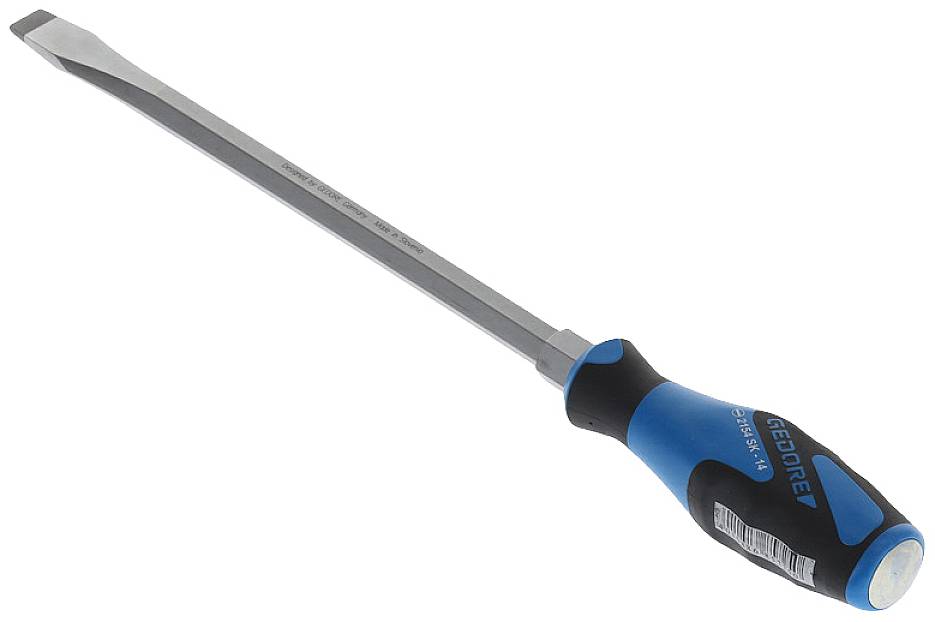 En blå skruvmejsel med svart handtag och platt blad.