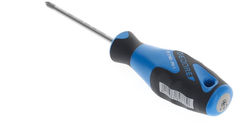 Skruvmejsel med blått handtag och svart, ergonomisk handtagsdesign. Gedore-logotyp och produktnummer 'PH 1' är synliga.