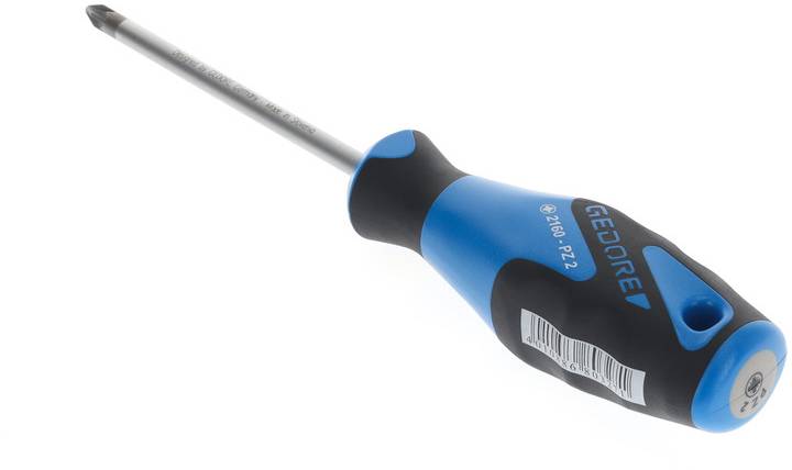 Blå skruvmejsel med ergonomiskt handtag och krysspårmejsel från varumärket Gedore.