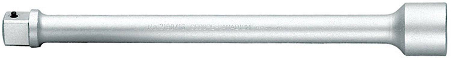 Lång silvermetallisk förlängning för nötter, avsedd att användas med skiftnyckel eller spärrhandtag.