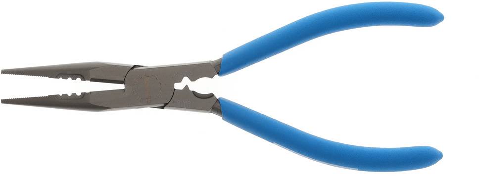 Långnästa tång med blå handtag, använd för att greppa, böja och klippa tråd eller små metalldetaljer.