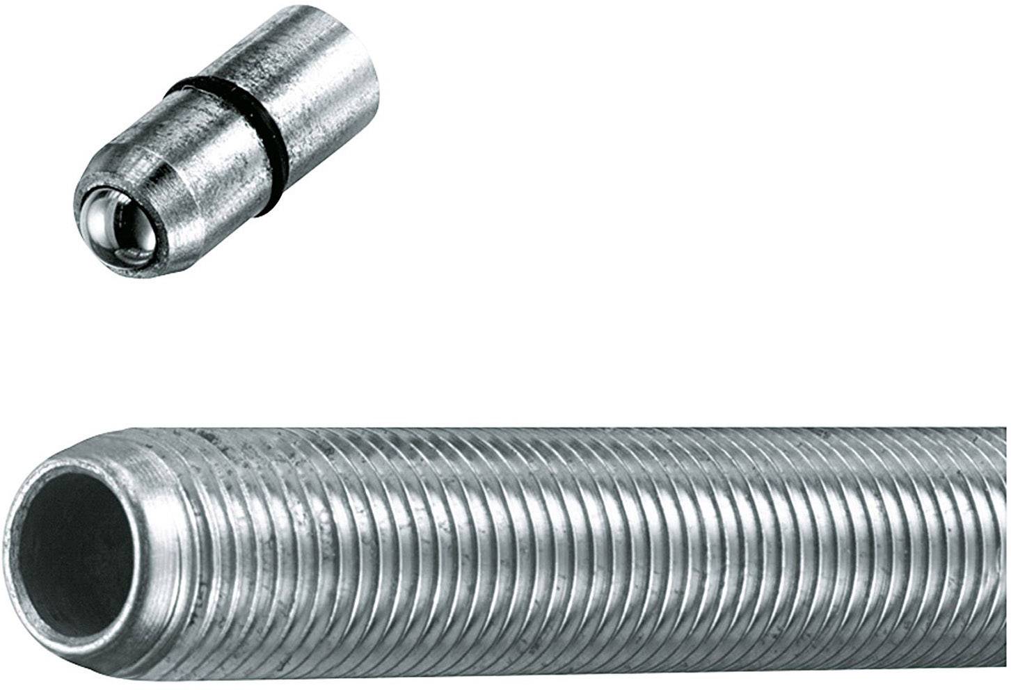 En närbild av ett metallrep med gängad struktur och en separat ändbit som innehåller en slät metallkula.
