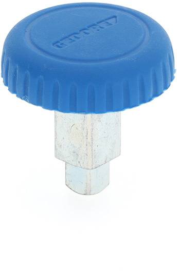 Ett blått handtag med ett runt plastiskt huvud och en metallisk sexkantig skaft.