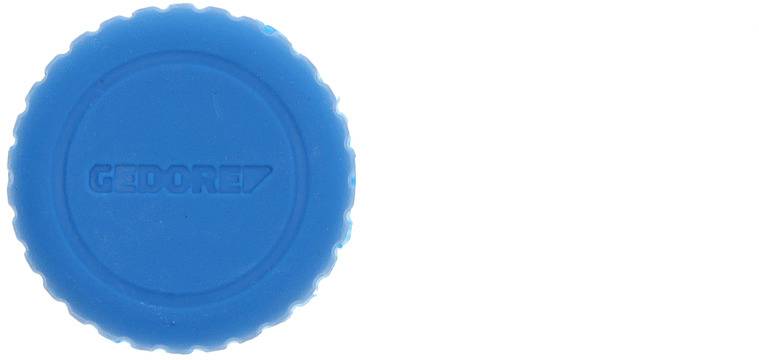 Blå plastlock med lätt tandad kant, präglat mitt på med texten 'GEDORE'.