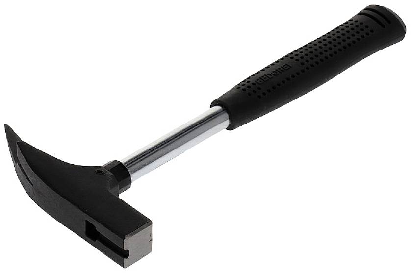 En svart hammare med gummigrepp och slät metalltopp, lämplig för precisionsarbete vid spikning eller timmring.