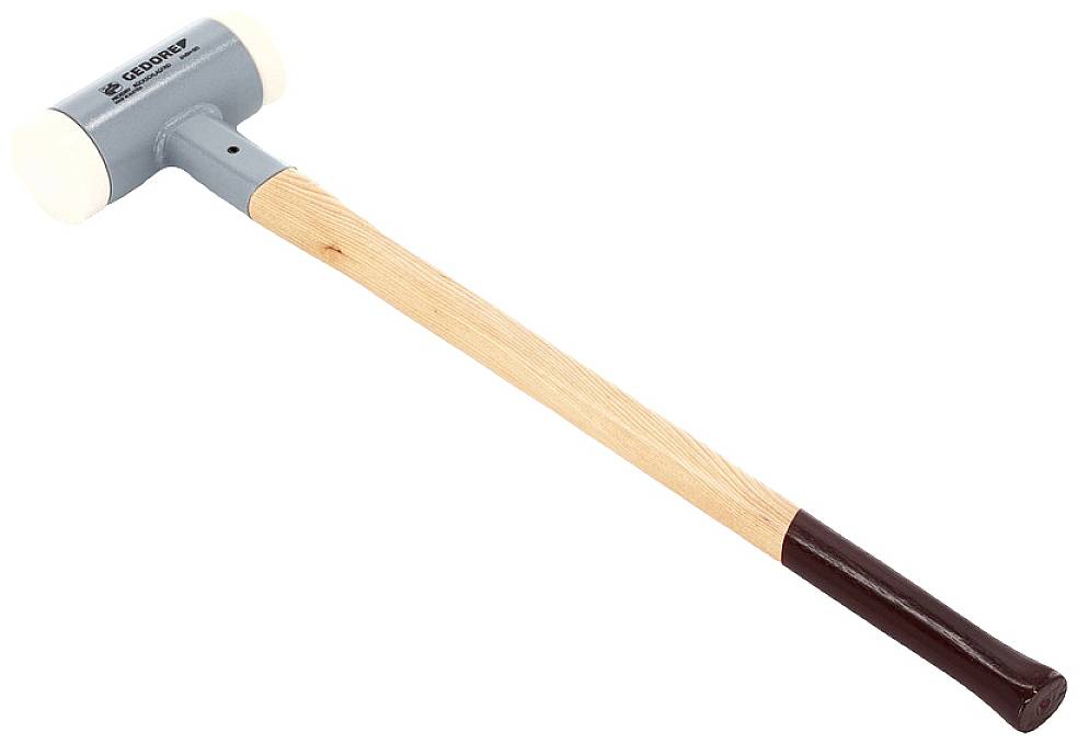 En skonhammare med ljusbrunt träskaft och svart handtag, grått huvud med vita gummiytor på båda ändar.