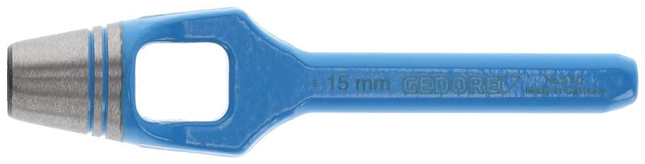 En blå ringnyckel, storlek 15 mm, med metallhuvud, ligger på vit bakgrund.