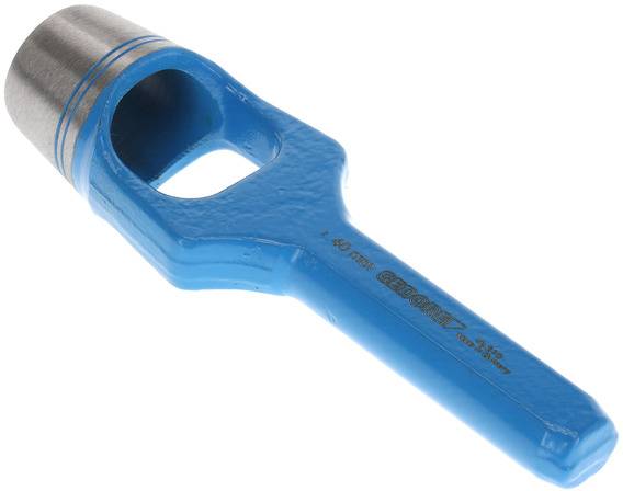 En blå ihålig stanskniv med silvrig metallhals och -kant, använd för att stansa cirkulära hål i material.