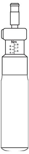 Diagram över en momentskruvmejsel som visar en skala från 4 till 8 Nm, vilket anger justerbara momentinställningar på verktygets handtag.