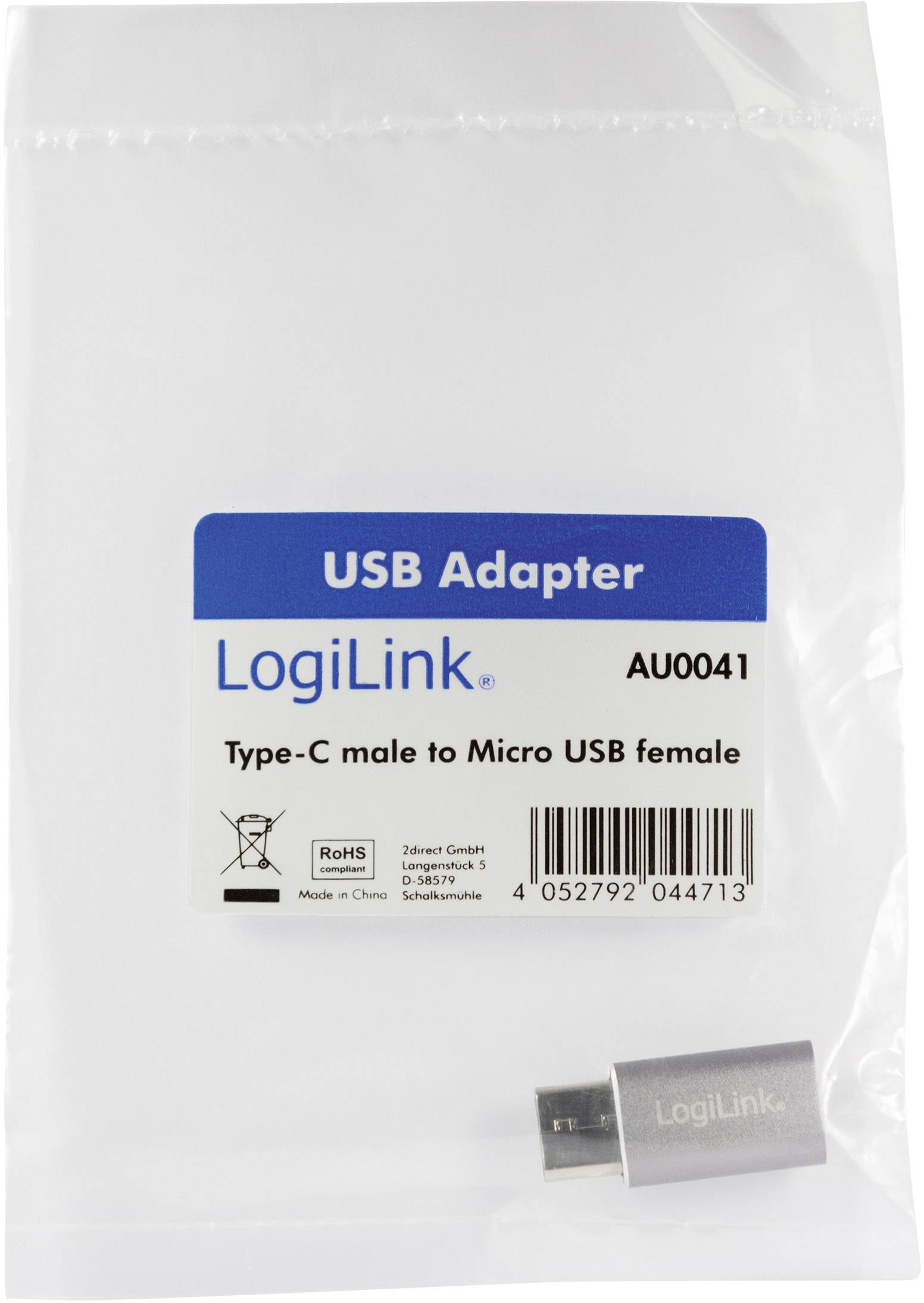USB-adapter från LogiLink, modell AU0041, Typ-C-kontakt till Micro-USB-uttag, förpackad i en genomskinlig påse.