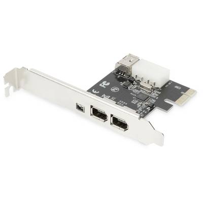 Ett PCIe-kort med två FireWire-portar och en intern vit 4-stifts kontakt.