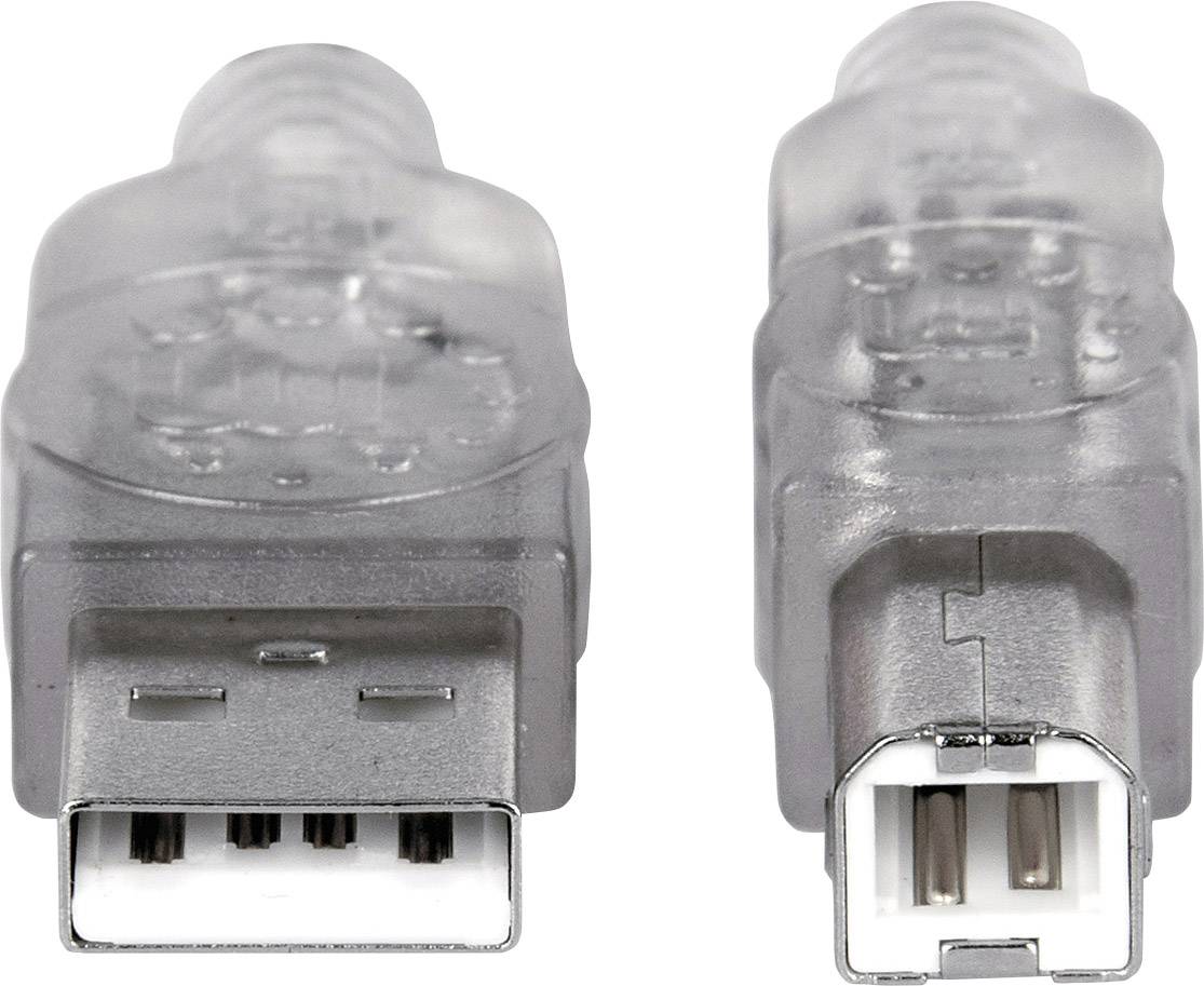 Två grå USB-kontakter: en platt Typ A och en kvadratisk Typ B.