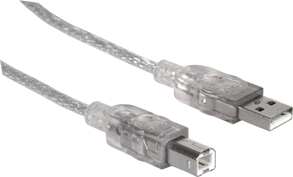 'USB 2.0-kabel med transparent design, med en rektangulär USB-A-kontakt på ena sidan och en kvadratisk USB-B-kontakt på den andra sidan.'