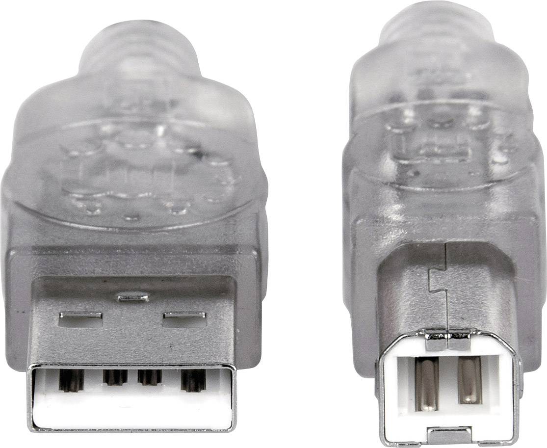 Två grå USB-kontakter, vänster en hane-USB-A-kontakt, höger en hane-USB-B-kontakt, på vit bakgrund.