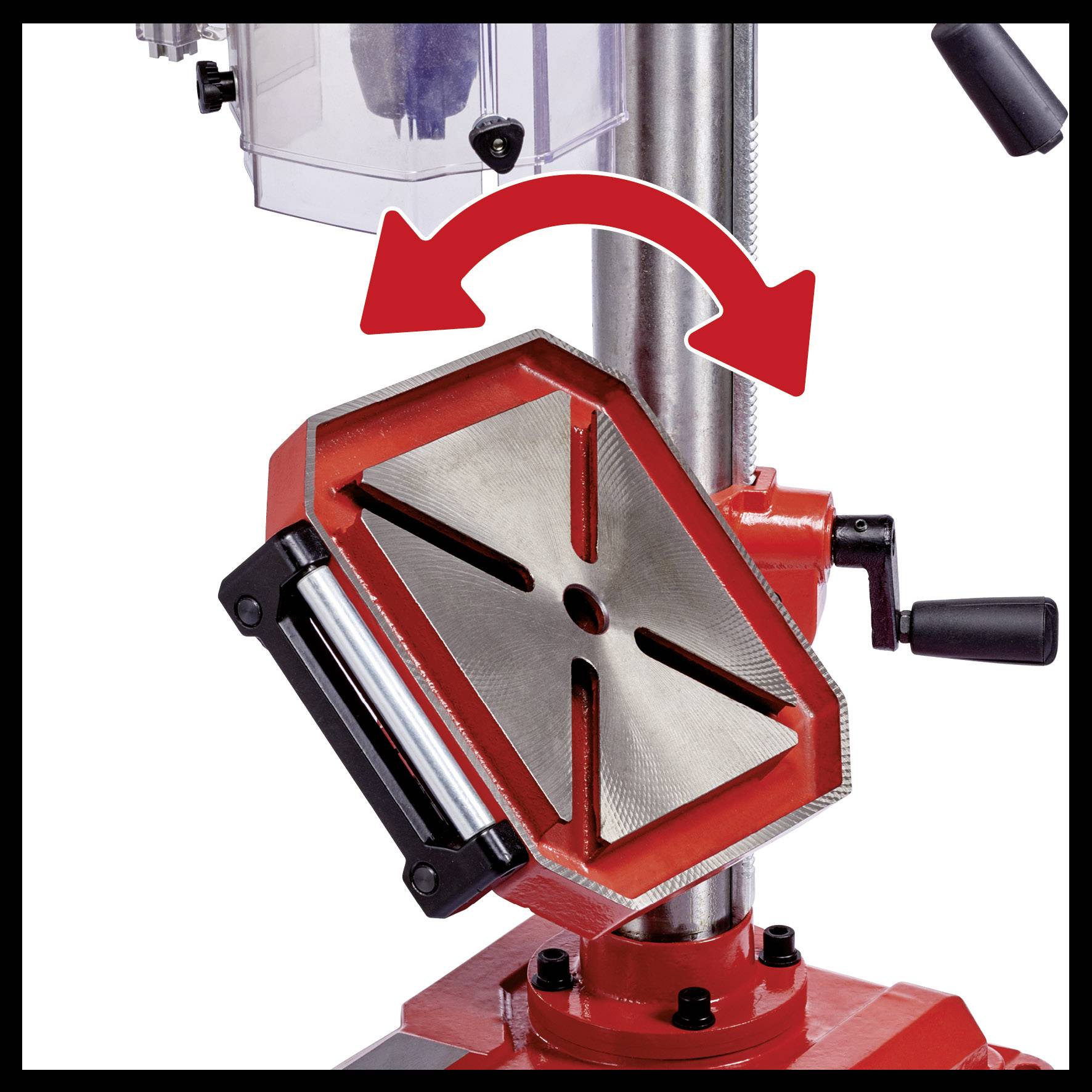 Ett metalliskt bordbord med en roterbar skiva som indikeras av en röd pil. Skivan kan lutas för att ändra vinkeln.