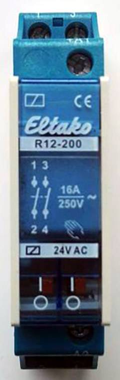 En blå elektrisk switch märkt med 'Eltako R12-200', '16A 250V' och '24VAC'. Används för elektrisk styrning.