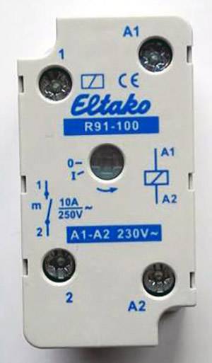 Ett vitt Eltako-relä R91-100 för 230V och 10A, med anslutningsklämmor A1, A2 och kopplingsscheman, visar CE-märkning.