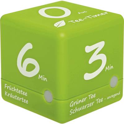 Grön tekanna med tre inställbara tider: 0 minuter för Av, 3 minuter för grönt och svart te, 6 minuter för frukt- och örtte.