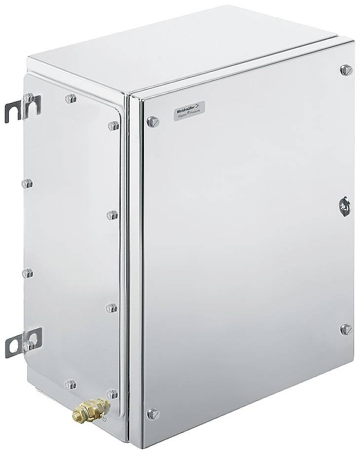 Ett glänsande, rektangulärt rostfritt stålskåp med skruvar vid kanterna, lämpligt för skydd av känslig utrustning utomhus.