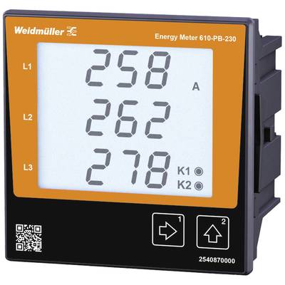 Energimätare med visning av strömstyrka i ampere: L1 visar 258, L2 visar 262, L3 visar 278 A. Varumärke på enheten: 'Weidmüller'.