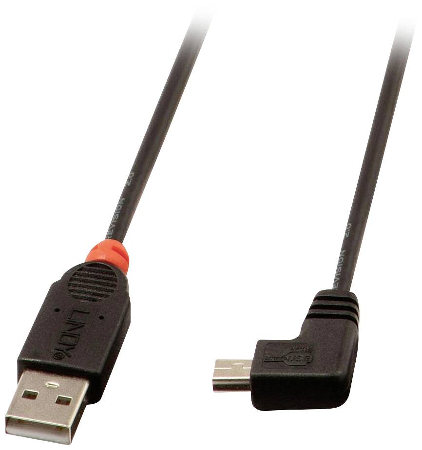 Ett USB-kabel med en standard-USB-kontakt på ena änden och en vinklerad Micro-USB-kontakt på den andra änden.