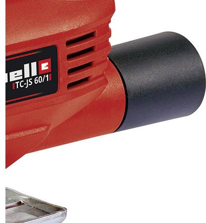 Ett rött verktygshölje med en svart anslutning. Del av ett elektriskt verktyg, sannolikt en sticksåg.