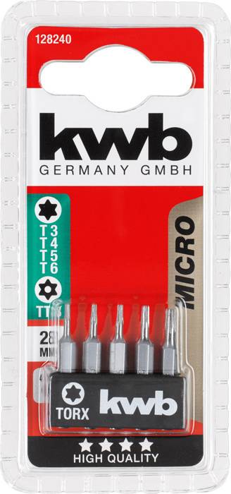 En uppsättning av fem Torx-bits från märket KWB, i olika storlekar, i en transparent förpackning med röd bakgrund.