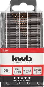 kwb 424290  HSS titan Metall-spiralborrset 20 delar 0.3 mm, 0.35 mm, 0.4 mm, 0.45 mm, 0.5 mm, 0.55 mm, 0.6 mm, 0.65 mm, 0.7 mm, 0.75 mm, 0.8 mm, 0.85 mm, 0.9 mm, 0.95 mm, 1 mm, 1.2 mm, 1.3 mm, 1.4 mm, 1.5 mm, 1.6 mm  M2 DIN 338 Cylinderskaft 1 st