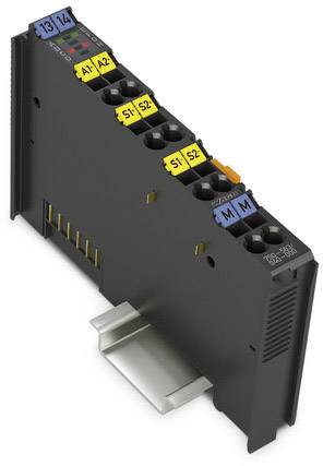 En svart elektronisk modul med flera färgmärkta anslutningar, monterad på en metallhållare.